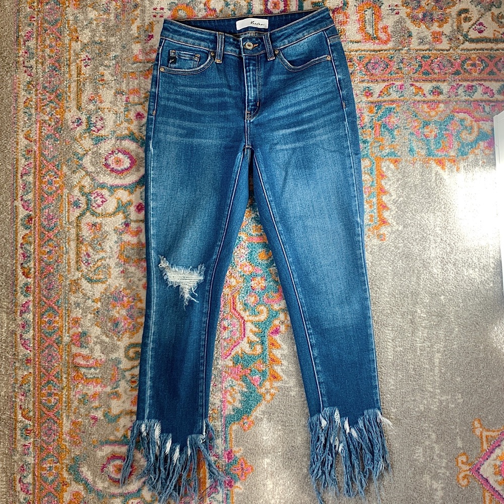 Kancan medium rise medium wash fringe bottom jeans